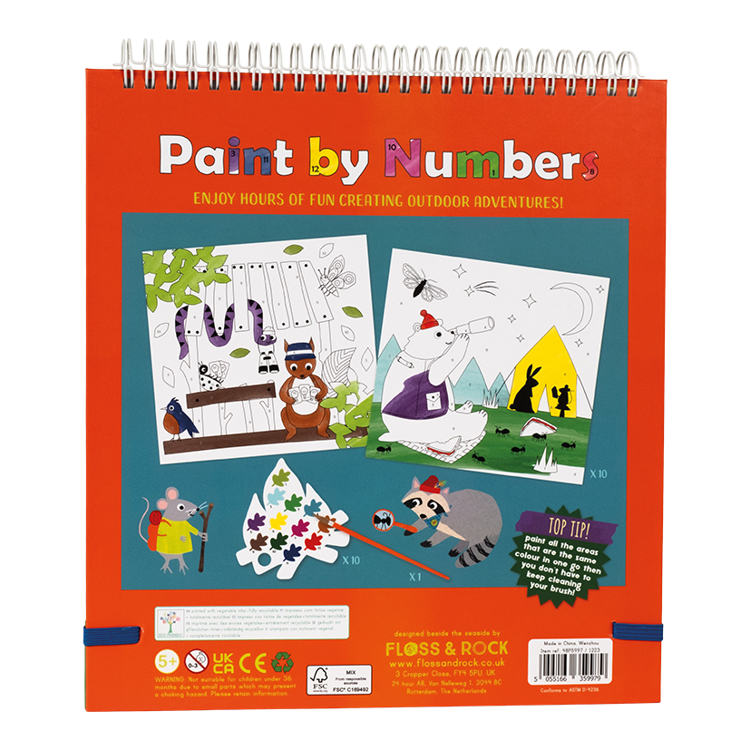 Adventure Paint By Numbers kit by Floss and Rock featuring colorful paint containers and a partially completed nature-themed painting.