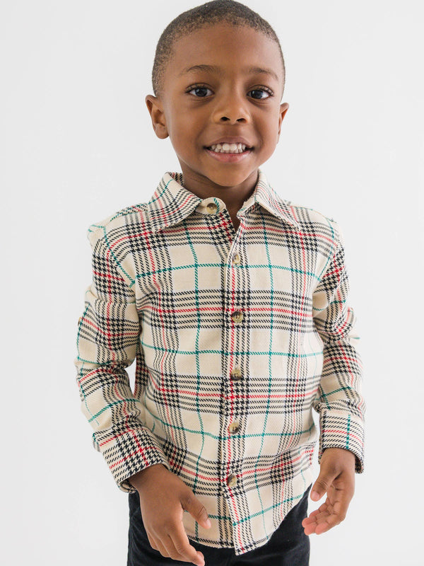 Boys Tannen Plaid Long Sleeve Button Down Shirt: Brown