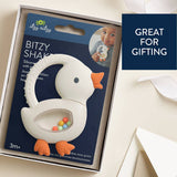 Itzy Ritzy Bitzy Shake silicone teether with cherry design and rattle, perfect for soothing and entertaining babies.