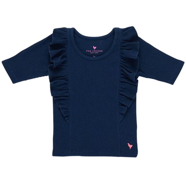 Girls Organic Ruffle Rib Top - Navy