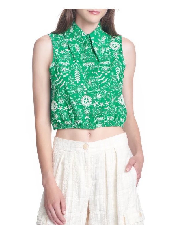 The Leona Top - Embroidered Kelly Green