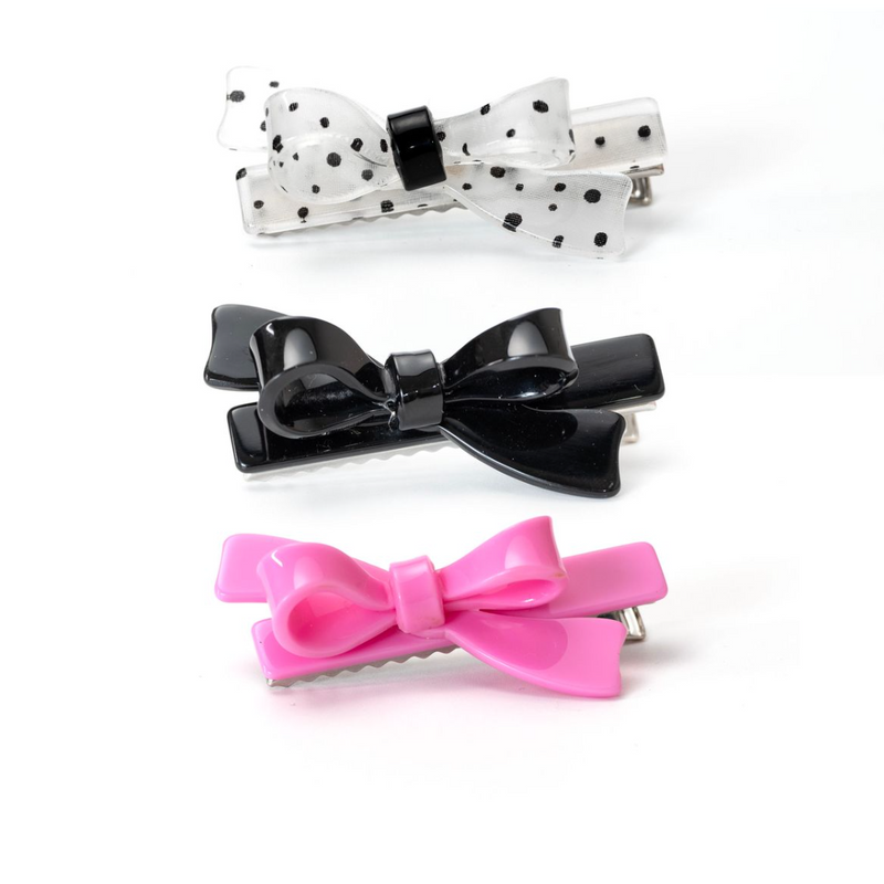 Bows Pink Black and Polka Dots Hair Clips