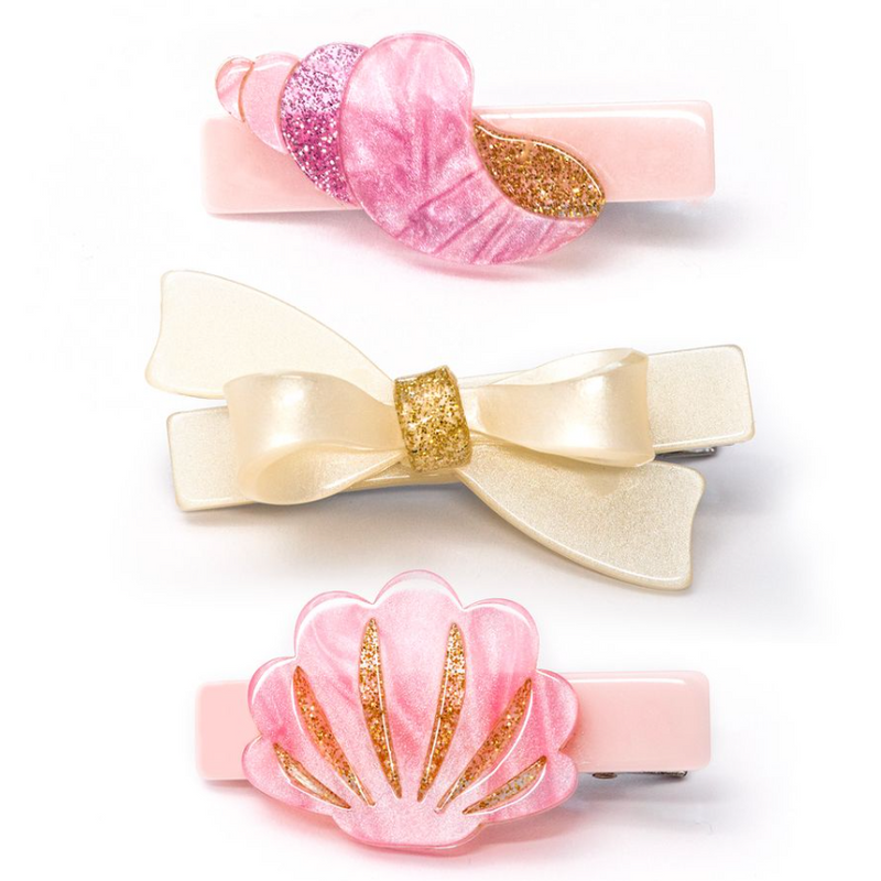 Seashell and Bow Pink Pearlized Hair Clips