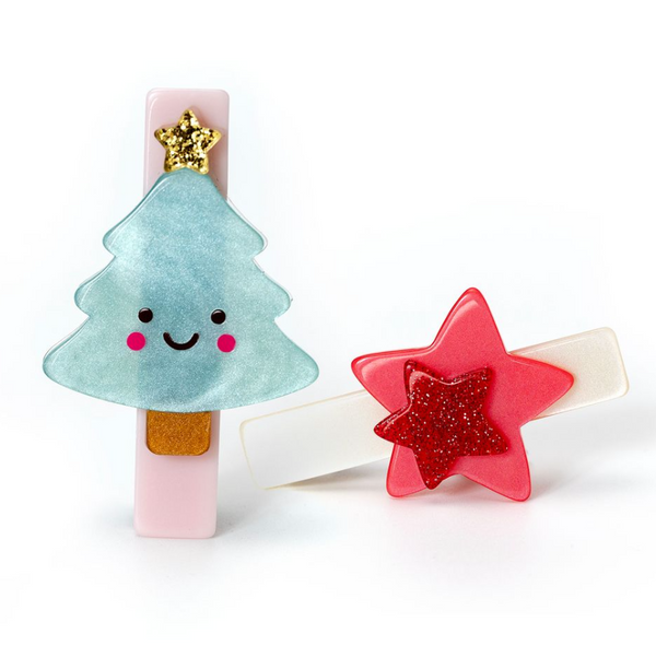 Tree Happy and Star Red Hair Clips