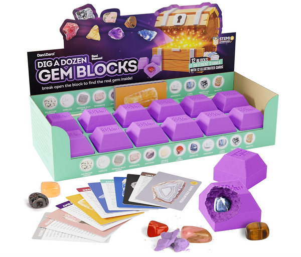 Dan&Darci Dig a Dozen Gem Blocks Mining Kit for Kids - Discover 12 Unique Real Gemstones, Mineral, Rock, Crystals Collection - Archaeology Science Toys