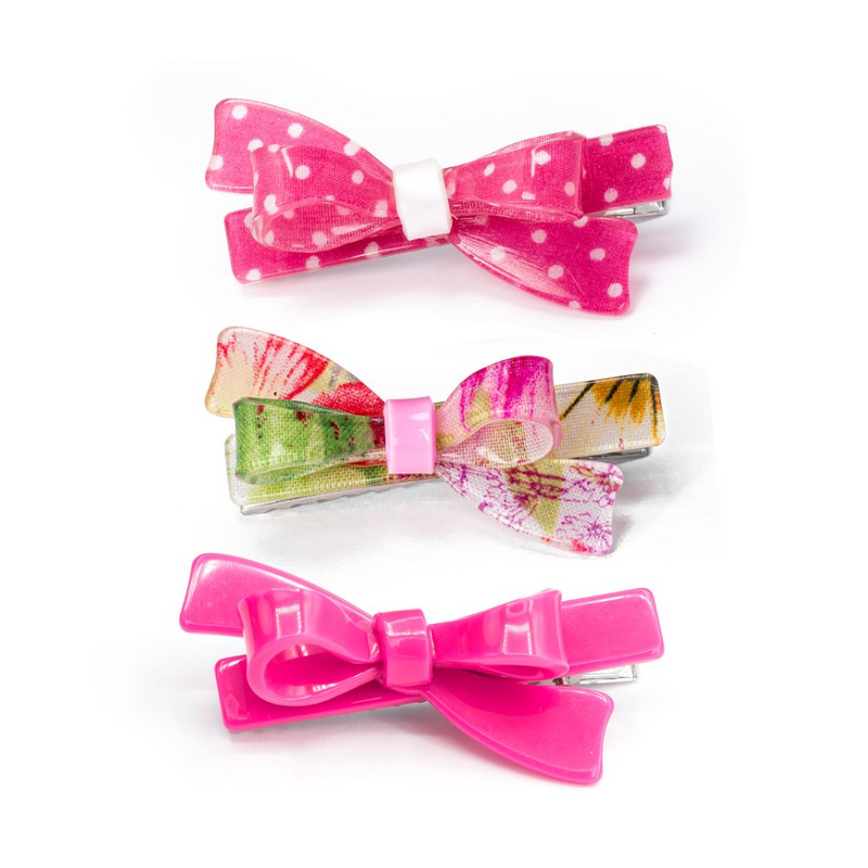 Bows Fabric Pink White Hair Clips