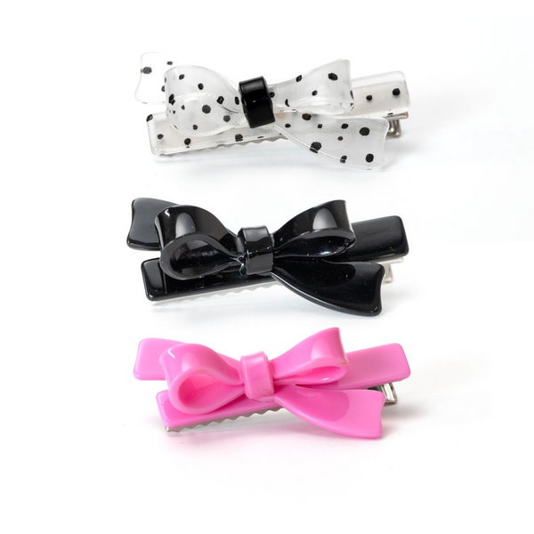 Bows Pink Black and Polka Dots Hair Clips