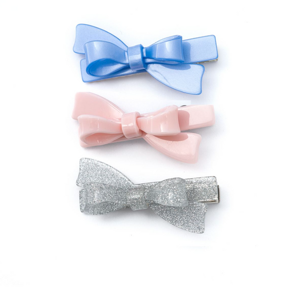 Bows Glitter Silver Satin Blue Trio Hair Clips