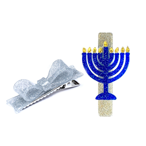 Menorah Blue/Silver Glitter Alligator Clips