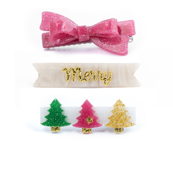 Merry Trees Vintage Glitter Bow Hair Clips