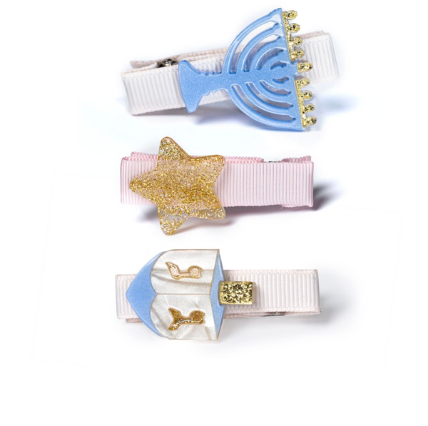 Little Star Menorah Dreidel Blue Hair Clips