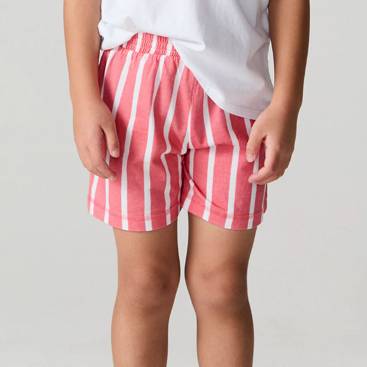 Chaser Cozy Sungraze Stripe Beach Shorts featuring a relaxed fit and colorful striped pattern on lightweight fabric.