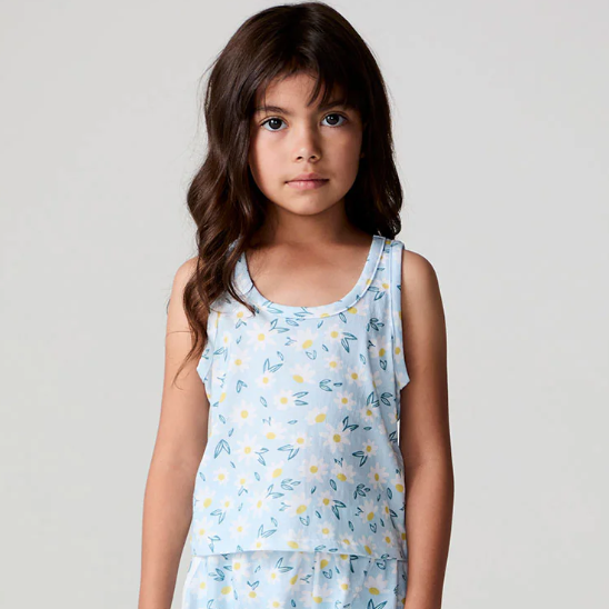 Chaser Ditsy Daisies tank top featuring a floral print with thin straps and a relaxed fit, perfect for casual summer wear.