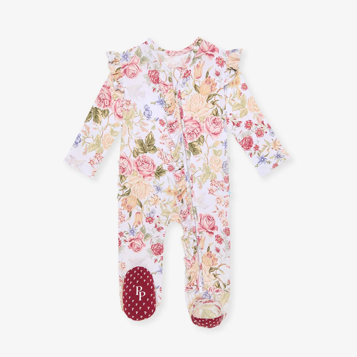 Kristiana Picot Footie Ruffled Zippered One Piece