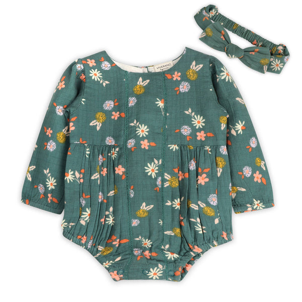 Bora Floral Baby Romper & Headband Set (Organic Muslin): Teal Floral
