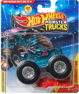 Hot Wheels Monster Trucks 2026 by Mattel, colorful toy trucks with detailed designs and large wheels, on a display surface.