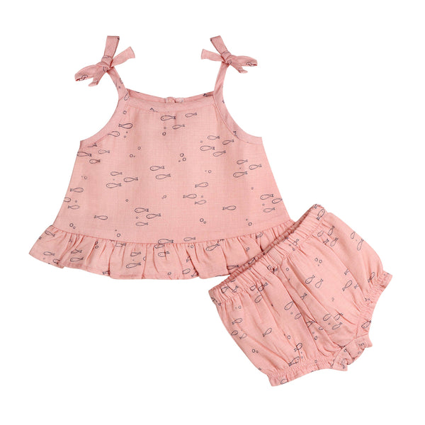 Fishes Shoulder Tie Baby Top & Bottom Set (Organic Muslin): DUSTY PINK