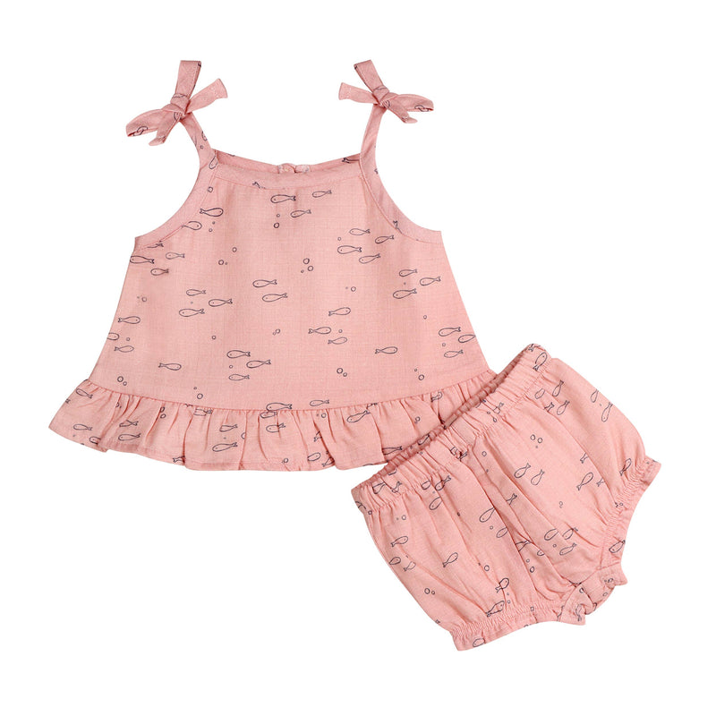 Fishes Shoulder Tie Baby Top & Bottom Set (Organic Muslin): DUSTY PINK