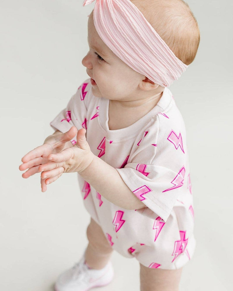 Short Sleeve Bubble Romper | Pink Bolts: 3-6M