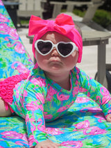 Baby Girls Neon Flamingo Long Sleeve One Piece Rash Guard Swimsuit with Signature Rear Ruffles: Blue / 0-3m