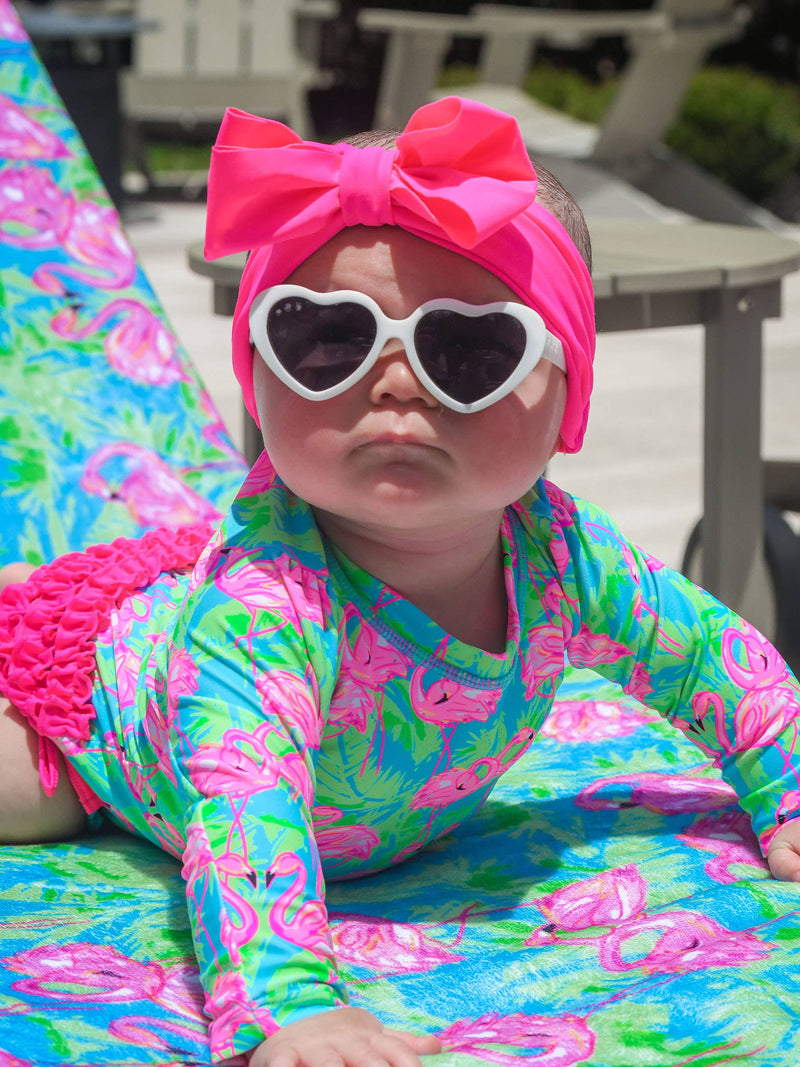 Baby Girls Neon Flamingo Long Sleeve One Piece Rash Guard Swimsuit with Signature Rear Ruffles: Blue / 0-3m