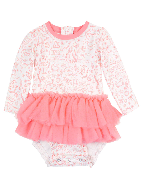 Baby Girls By the Seaside Tulle Skirted  Rash Guard Swimsuit: White