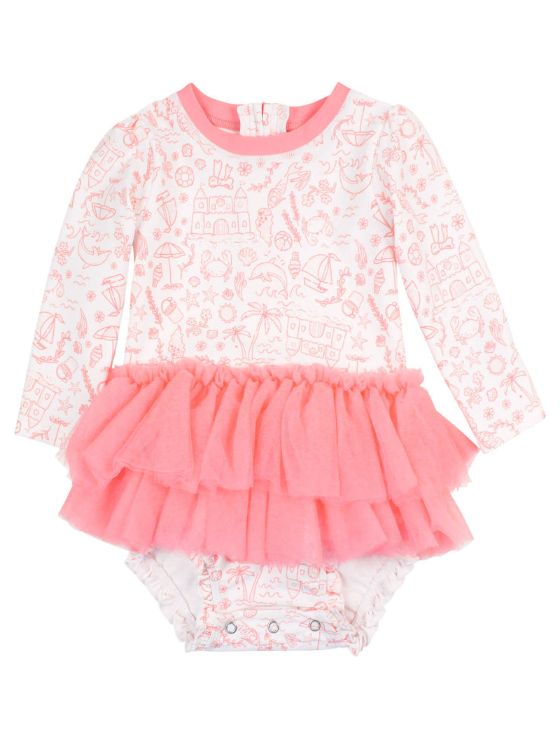 Baby Girls By the Seaside Tulle Skirted  Rash Guard Swimsuit: White