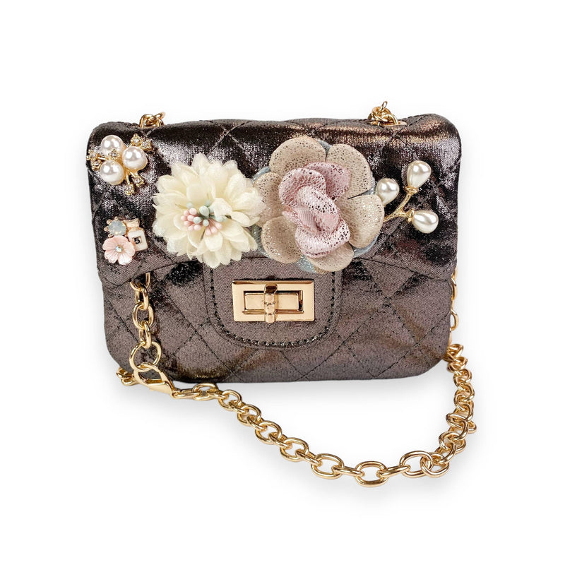 B1222 Floral Appliques Shinny Quilted Purse (5 Colors): PEWTER