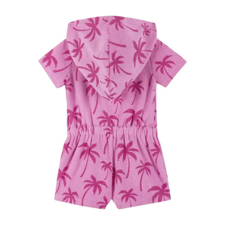 Girls Baby Pink Palms Hooded Terry Romper: