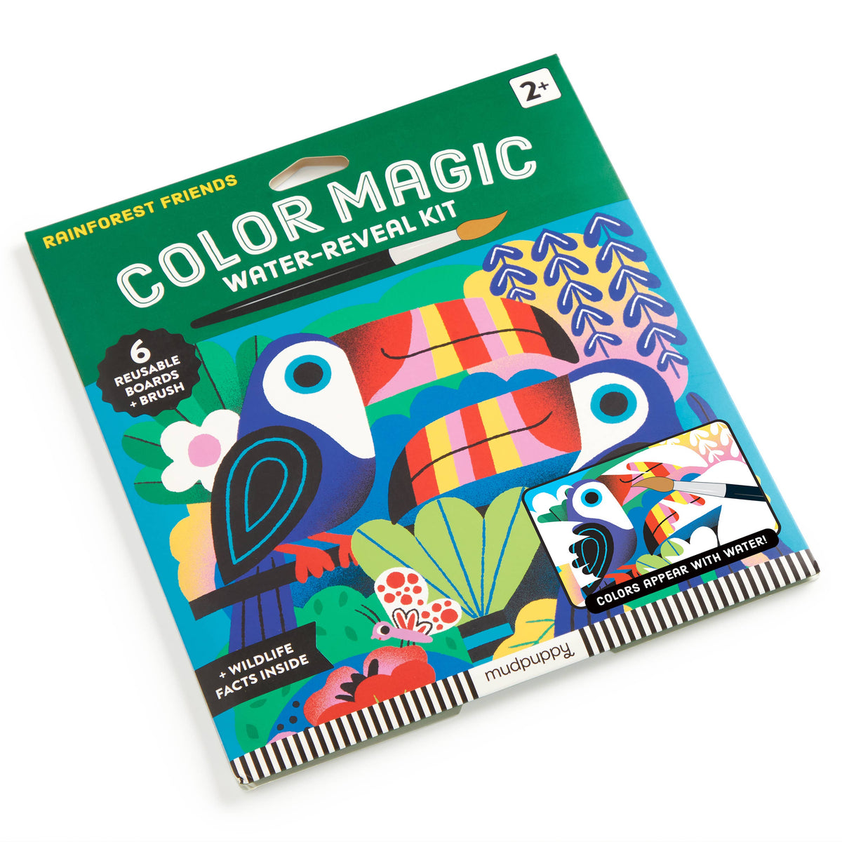 Rainforest Friends Color Magic Water-Reveal Kit by Chronicle Books showing colorful rainforest animal illustrations and water brushes.