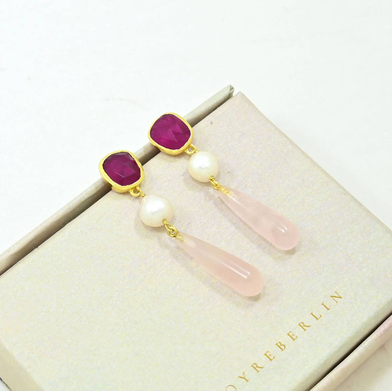 Scarlett Earring Gold Plated - Pearl Rose Quartz & Pink Jade