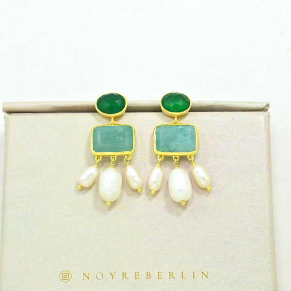 Brooklyn Earring Gold Plated - Pearl, Amazonite & Green Onyx
