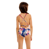 Aqua Bendita Amina Thamar kids’ one-piece swimsuit with vibrant floral print and ruffled straps, perfect for swimming and beach wear.