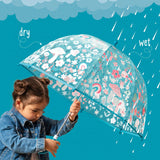 Clear color-changing umbrella with mushroom design by Stephen Joseph Gifts, featuring a transparent canopy and whimsical mushroom pattern.