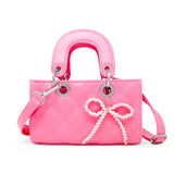 Quilted Rectangle Bow Charm Handbag: Hot Pink