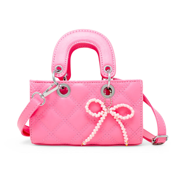 Quilted Rectangle Bow Charm Handbag: Hot Pink