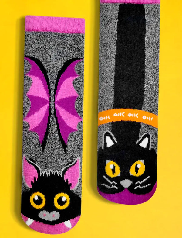 Bat & Black Cat Fun Non-Slip Socks for Kids: KIDS LARGE