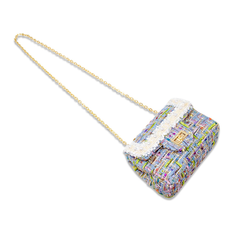Classic Tweed Handbag with Pearls: Blue