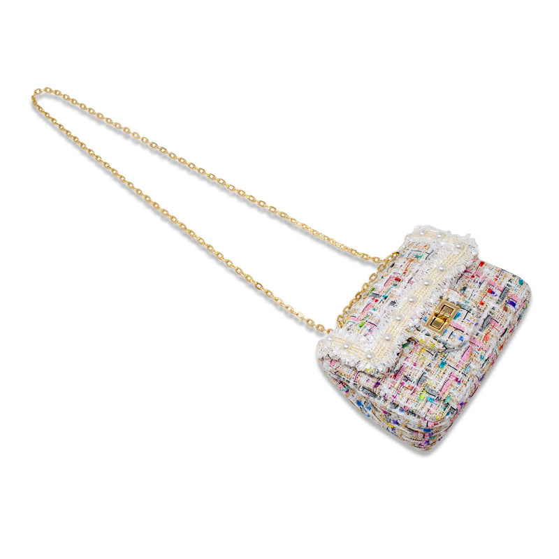 Classic Tweed Handbag with Pearls: Blue