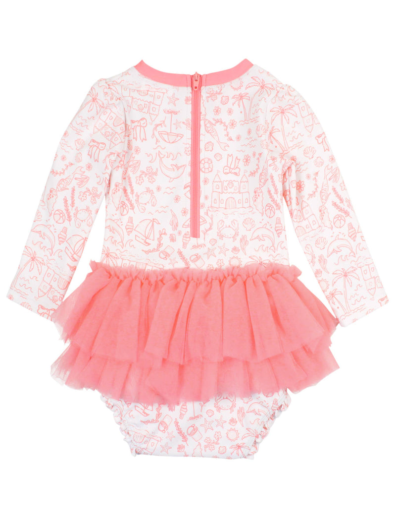 Baby Girls By the Seaside Tulle Skirted  Rash Guard Swimsuit: White