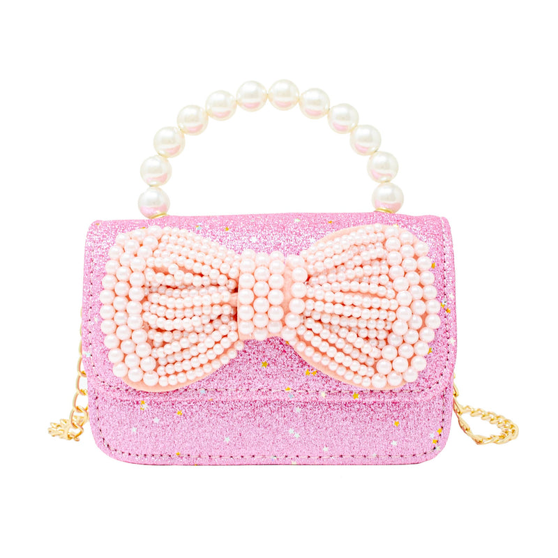 Glitter Pearl Handle Bow Handbag: Red