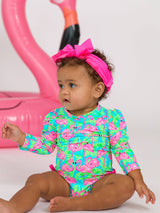 Baby Girls Neon Flamingo Long Sleeve One Piece Rash Guard Swimsuit with Signature Rear Ruffles: Blue / 0-3m