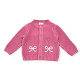 Bow Embroidered Chunky Knit Slouchy Baby Cardigan Sweater : Bubblegum Pink