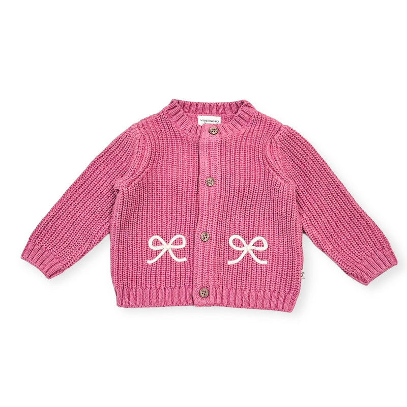 Bow Embroidered Chunky Knit Slouchy Baby Cardigan Sweater : Bubblegum Pink