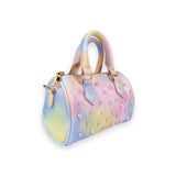 B1312 BLACK,PINK,CREAM,MULTI Pearl Studs Leather Barrel Bag: Multi