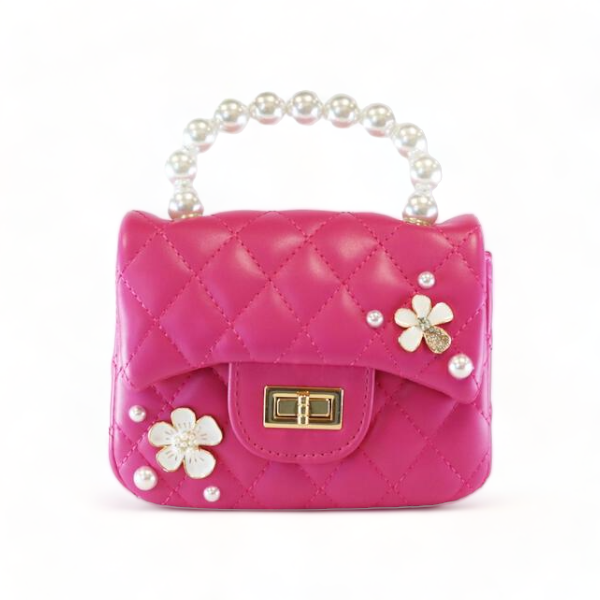 B1303 Pearl Handle Quilted Leather Purse w/ Charms: FUCHSIA