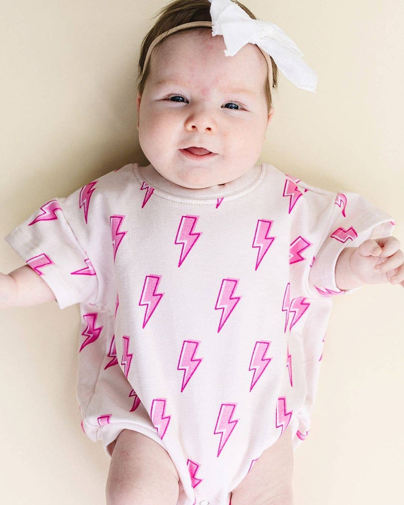 Short Sleeve Bubble Romper | Pink Bolts: 12-18M