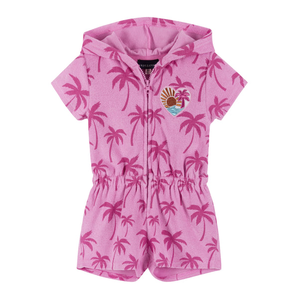 Girls Baby Pink Palms Hooded Terry Romper: