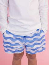 Boys Periwinkle Blue Wavy Stripe Performance Hybrid Swim Trunks: Blue / 18-24m
