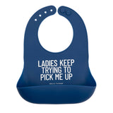 Blue Ladies Pick Me Up Wonder Bib by Bella Tunno with soft fabric and adjustable strap for baby feeding protection.